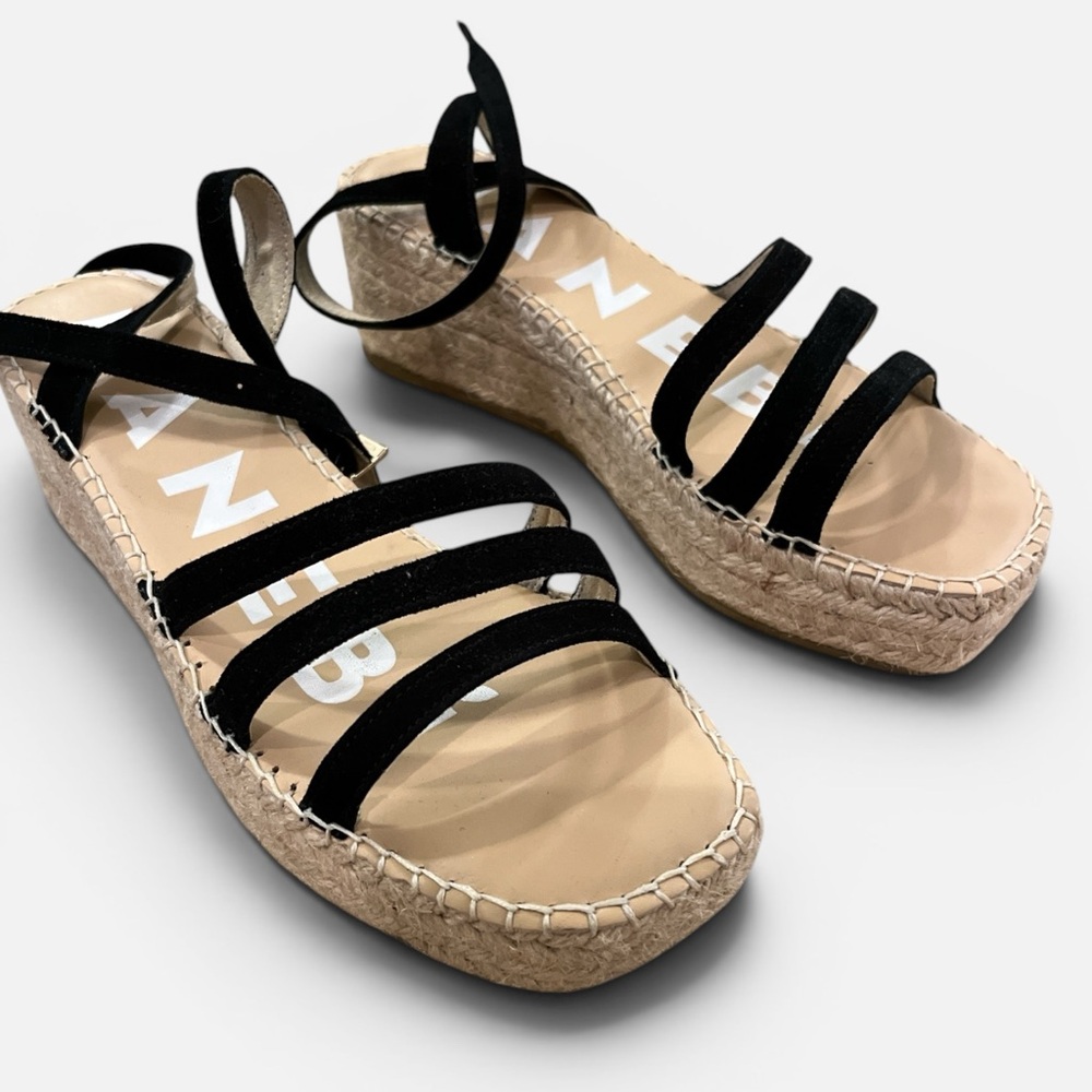 Manebi 3 Strap Wedge Espadrille Sandals with Black Straps. Size 8